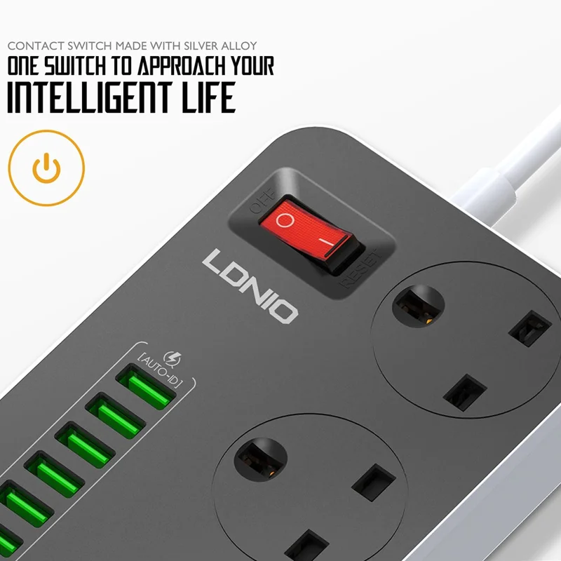 LDNIO SK3662 Multiprise avec Chargeur Rapide 20 W, 3 Prises Secteur, 6 Ports USB, Prise avec Câble de 2 m - Noir / Prise UK