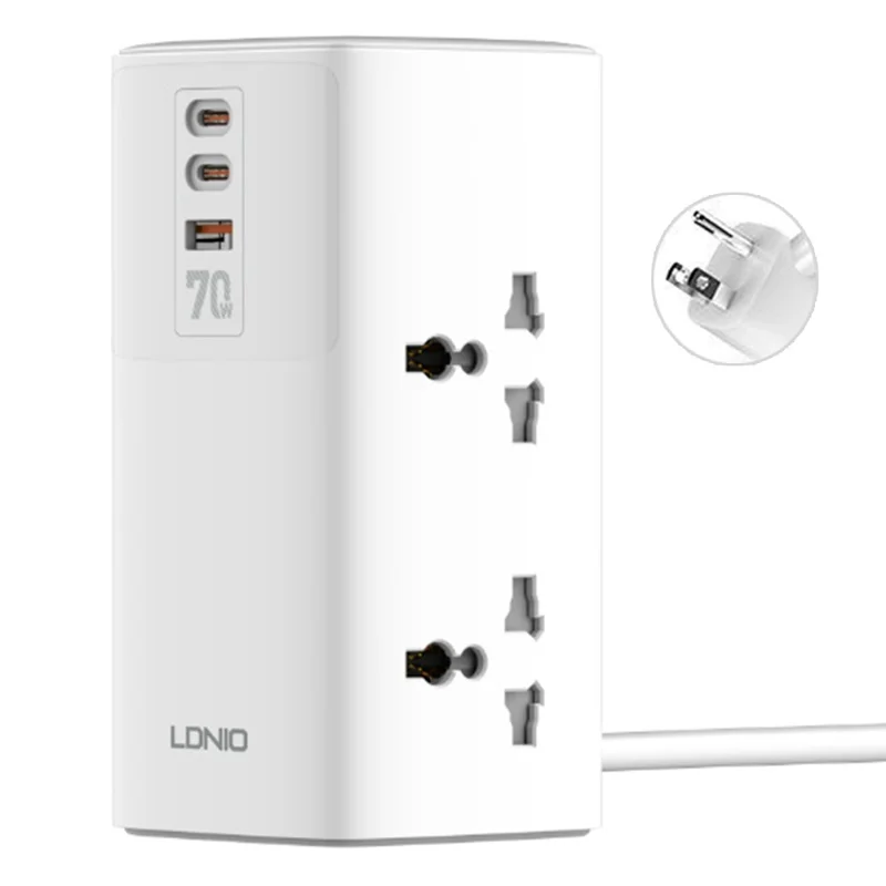LDNIO SC4383 multiprise avec chargeur rapide 70 W PD, 2 prises CA + 3 ports USB, chargeur de bureau multifonction pour plusieurs appareils, prise blanche / prise UK