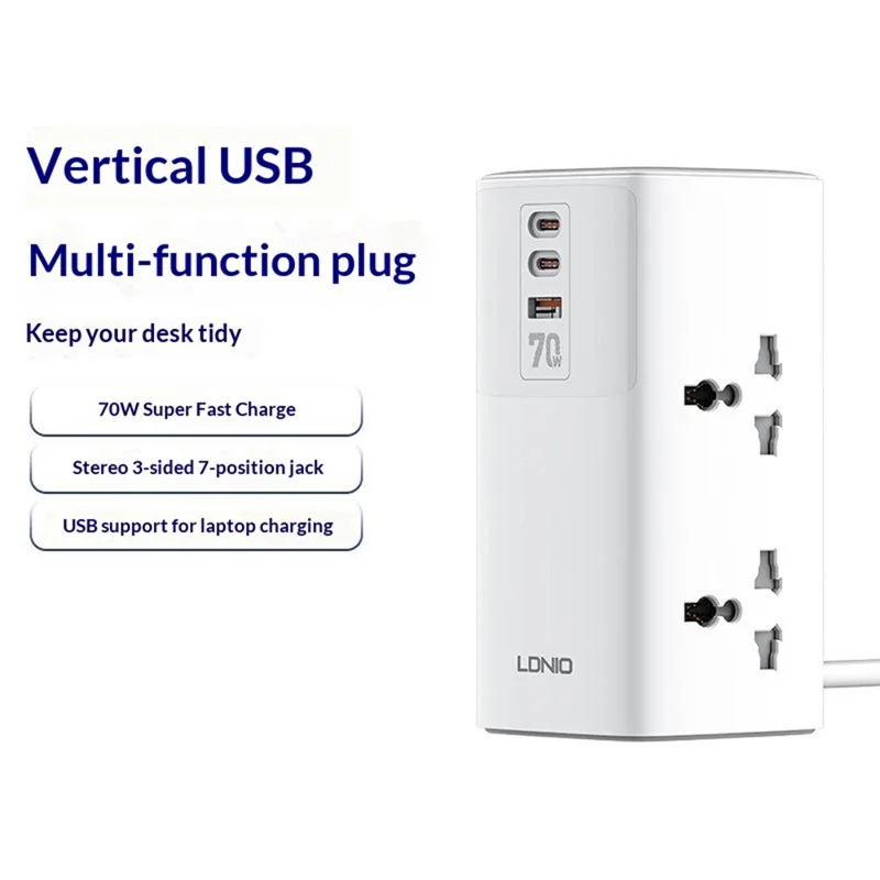 LDNIO SC4383 multiprise avec chargeur rapide 70 W PD, 2 prises CA + 3 ports USB, chargeur de bureau multifonction pour plusieurs appareils, prise blanche / prise UK