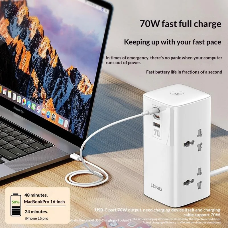 LDNIO SC4383 multiprise avec chargeur rapide 70 W PD, 2 prises CA + 3 ports USB, chargeur de bureau multifonction pour plusieurs appareils, prise blanche / prise UK