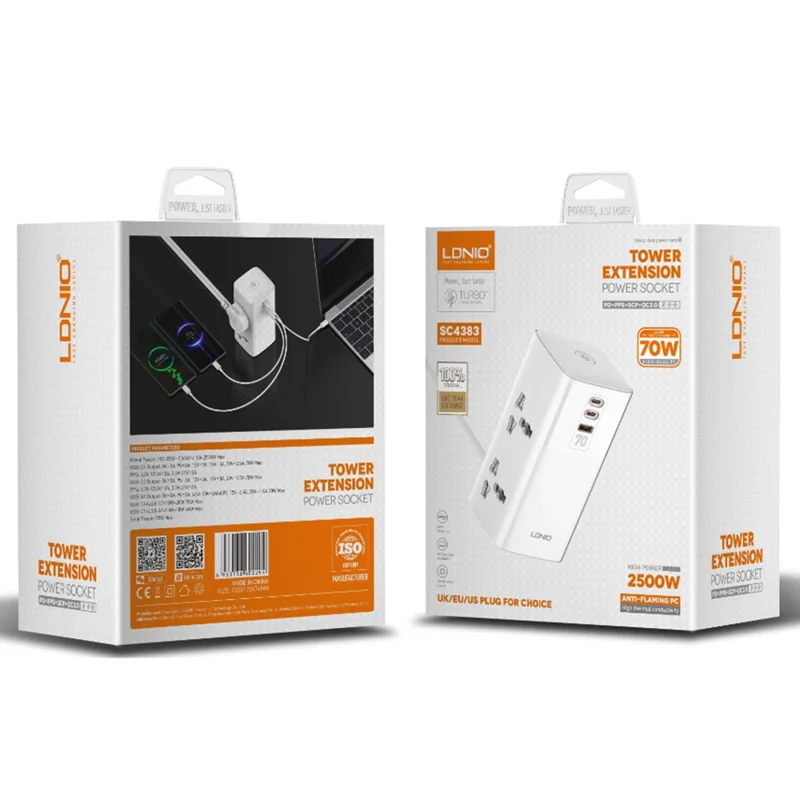 LDNIO SC4383 multiprise avec chargeur rapide 70 W PD, 2 prises CA + 3 ports USB, chargeur de bureau multifonction pour plusieurs appareils, prise blanche / prise UK