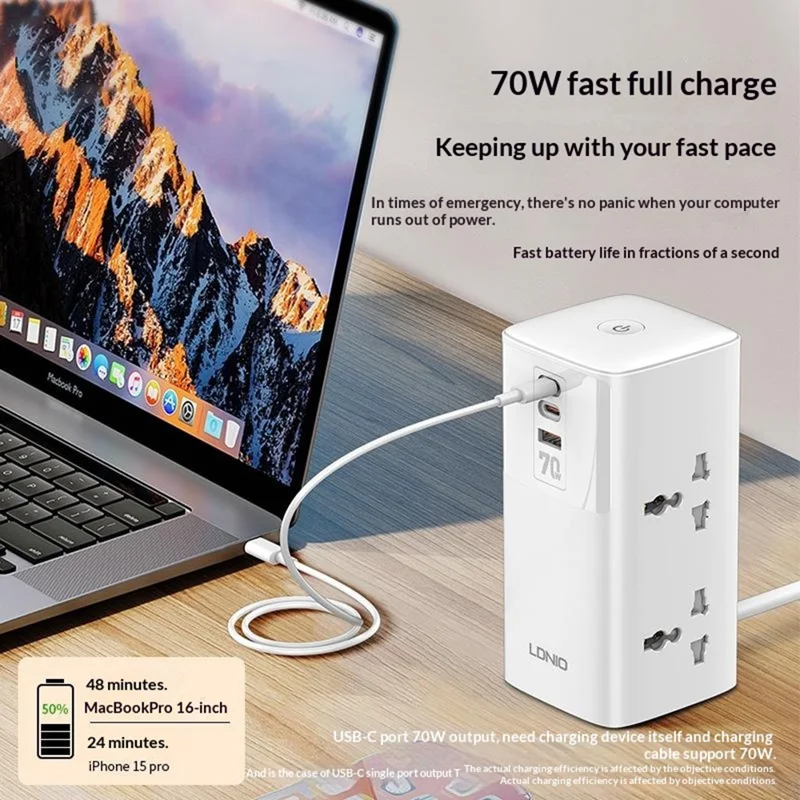 LDNIO SK4396 70W PD Fast Charging Tower Design Power Strip 4 UK Plug AC Outlets 3 USB Ports Desktop Multi-Device Charging Station Power Socket - White