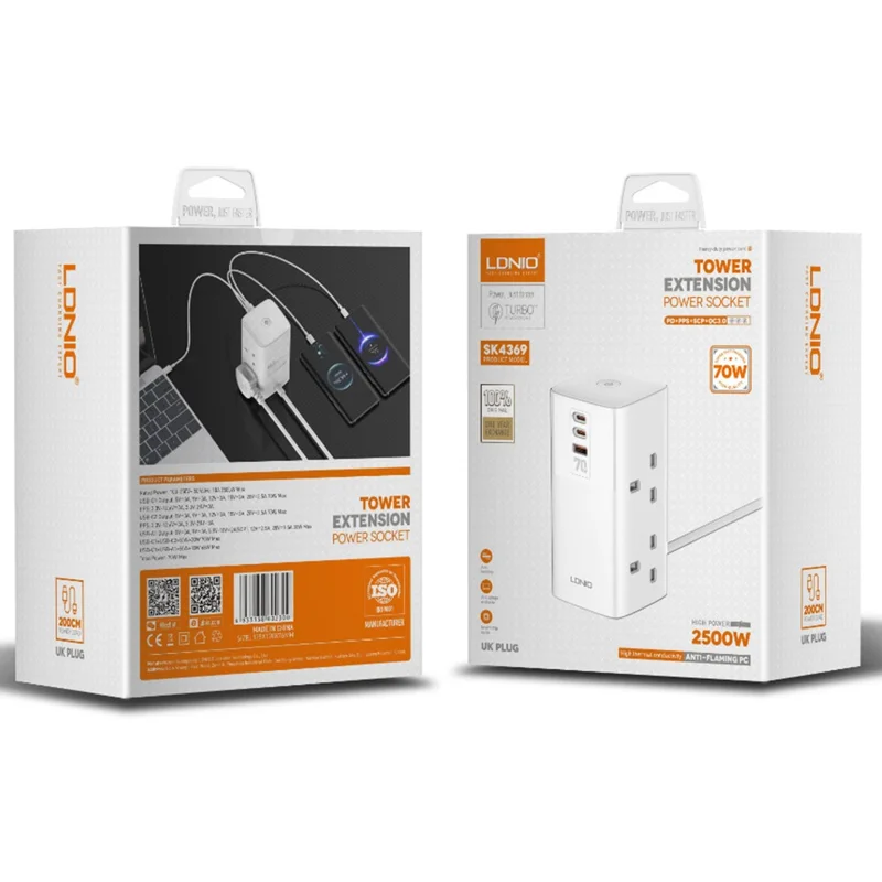 LDNIO SK4396 70W PD Fast Charging Tower Design Power Strip 4 UK Plug AC Outlets 3 USB Ports Desktop Multi-Device Charging Station Power Socket - White