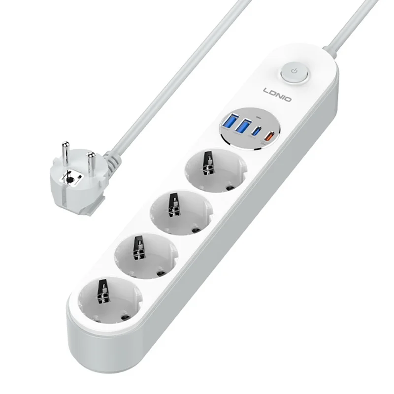 LDNIO SE1-C Tira de alimentación con carga rápida PD de 20 W, 4 enchufes AC de tipo europeo, 4 puertos USB, regleta de alimentación para escritorio de oficina - Blanco / Enchufe europeo