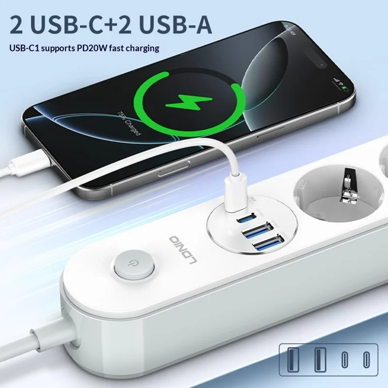 LDNIO SE1-C Tira de alimentación con carga rápida PD de 20 W, 4 enchufes AC de tipo europeo, 4 puertos USB, regleta de alimentación para escritorio de oficina - Blanco / Enchufe europeo
