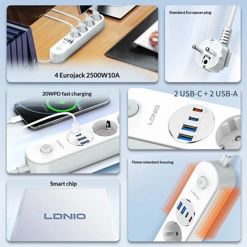 LDNIO SE1-C Tira de alimentación con carga rápida PD de 20 W, 4 enchufes AC de tipo europeo, 4 puertos USB, regleta de alimentación para escritorio de oficina - Blanco / Enchufe europeo