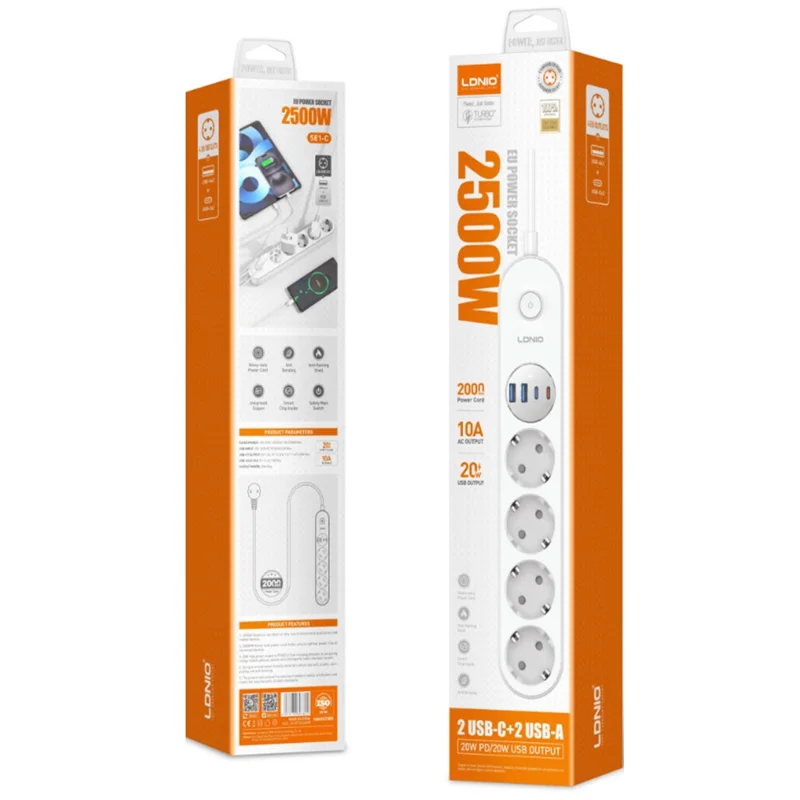 LDNIO SE1-C Tira de alimentación con carga rápida PD de 20 W, 4 enchufes AC de tipo europeo, 4 puertos USB, regleta de alimentación para escritorio de oficina - Blanco / Enchufe europeo