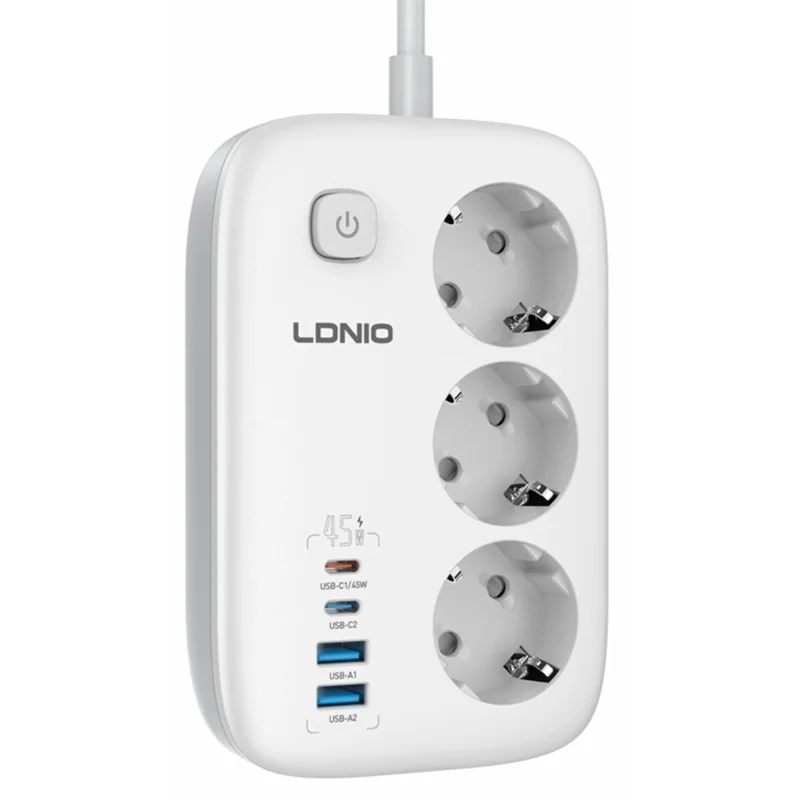 LDNIO SE2 Tira de alimentación con carga rápida PD de 65 W, 3 enchufes CA de tipo europeo, 4 puertos USB, enchufe múltiple para escritorio con cable de 2 m - Blanco / Enchufe europeo