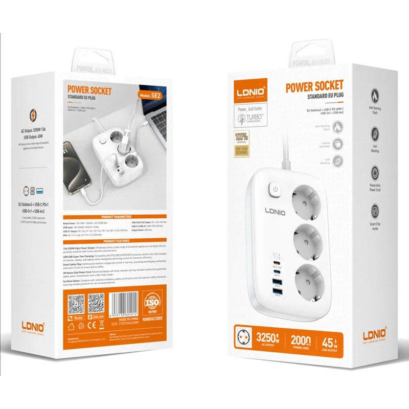 LDNIO SE2 Tira de alimentación con carga rápida PD de 65 W, 3 enchufes CA de tipo europeo, 4 puertos USB, enchufe múltiple para escritorio con cable de 2 m - Blanco / Enchufe europeo