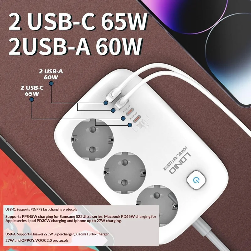 LDNIO SE2 Tira de alimentación con carga rápida PD de 65 W, 3 enchufes CA de tipo europeo, 4 puertos USB, enchufe múltiple para escritorio con cable de 2 m - Blanco / Enchufe europeo