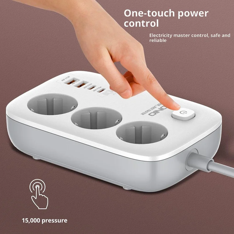 LDNIO SE2 Tira de alimentación con carga rápida PD de 65 W, 3 enchufes CA de tipo europeo, 4 puertos USB, enchufe múltiple para escritorio con cable de 2 m - Blanco / Enchufe europeo
