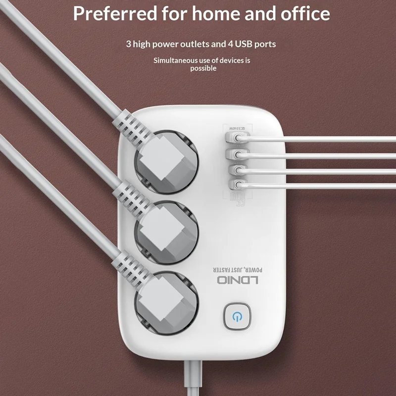 LDNIO SE2 Tira de alimentación con carga rápida PD de 65 W, 3 enchufes CA de tipo europeo, 4 puertos USB, enchufe múltiple para escritorio con cable de 2 m - Blanco / Enchufe europeo