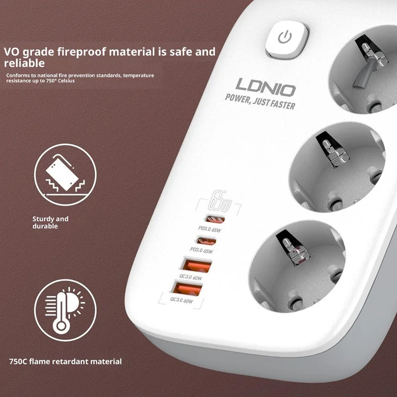 LDNIO SE2 Tira de alimentación con carga rápida PD de 65 W, 3 enchufes CA de tipo europeo, 4 puertos USB, enchufe múltiple para escritorio con cable de 2 m - Blanco / Enchufe europeo