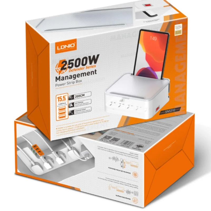 LDNIO SN5310 Regleta de Alimentación con Carga Rápida PD de 20 W, 5 Enchufes AC, 3 Puertos USB, Cable de 2 m, Enchufe Multidispositivo con Caja de Gestión de Cables - Blanco