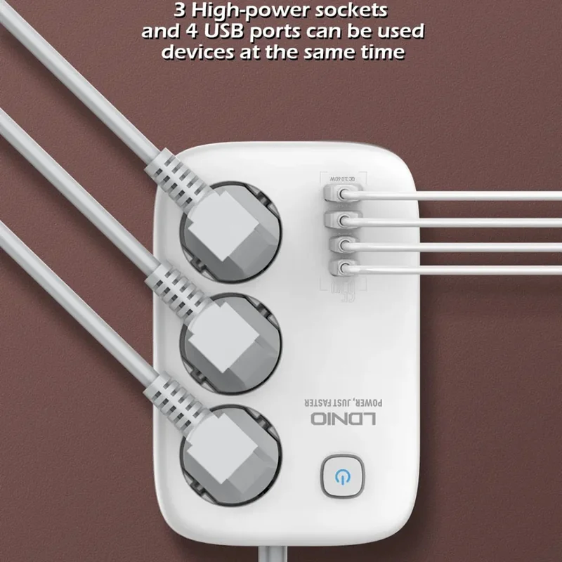 LDNIO SE3436 65W GaN Steckdosenleiste Schnellladung 3 EU-Stecker AC-Ausgänge 4 USB-Anschlüsse Verlängerungskabel Desktop-Netzstecker - Weiß