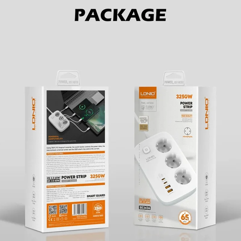 LDNIO SE3436 65W GaN Steckdosenleiste Schnellladung 3 EU-Stecker AC-Ausgänge 4 USB-Anschlüsse Verlängerungskabel Desktop-Netzstecker - Weiß