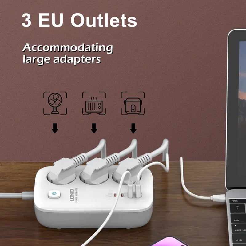 LDNIO SE3436 65W GaN Steckdosenleiste Schnellladung 3 EU-Stecker AC-Ausgänge 4 USB-Anschlüsse Verlängerungskabel Desktop-Netzstecker - Weiß