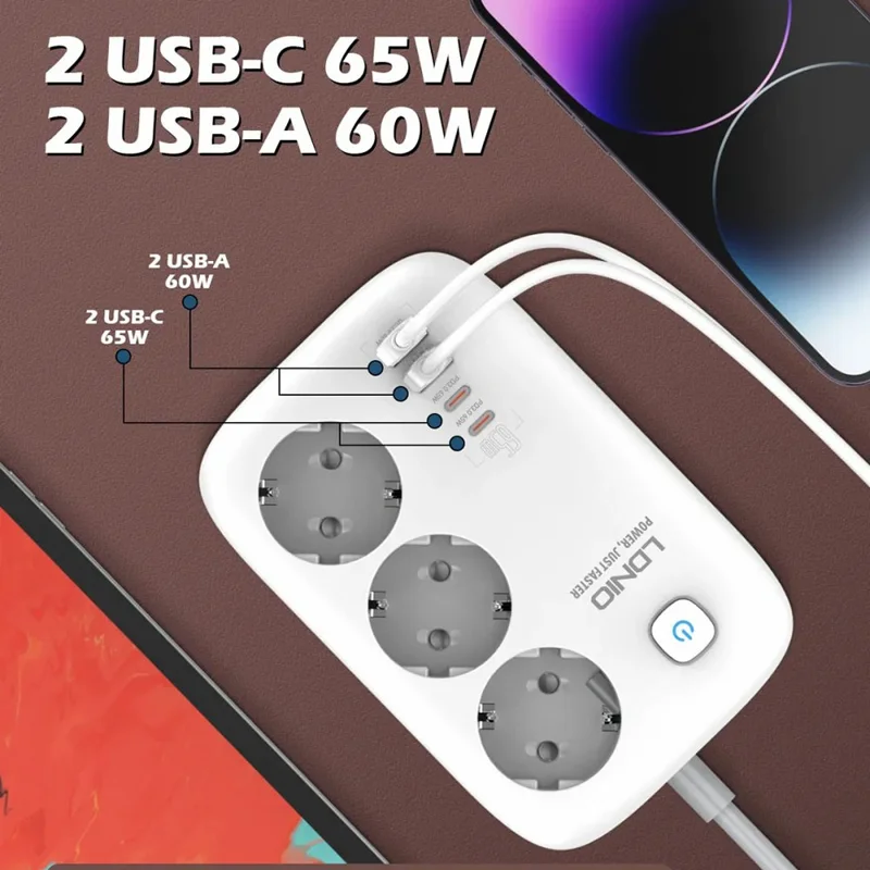 LDNIO SE3436 65W GaN Steckdosenleiste Schnellladung 3 EU-Stecker AC-Ausgänge 4 USB-Anschlüsse Verlängerungskabel Desktop-Netzstecker - Weiß