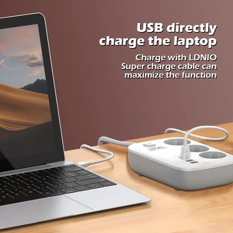 LDNIO SE3436 65W GaN Steckdosenleiste Schnellladung 3 EU-Stecker AC-Ausgänge 4 USB-Anschlüsse Verlängerungskabel Desktop-Netzstecker - Weiß