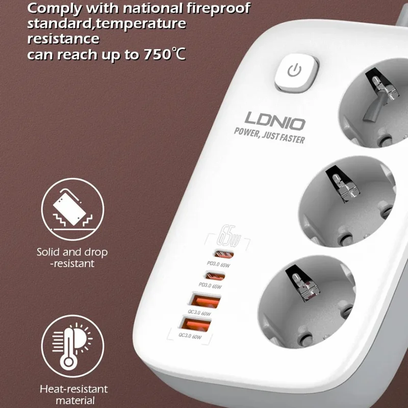 LDNIO SE3436 65W GaN Steckdosenleiste Schnellladung 3 EU-Stecker AC-Ausgänge 4 USB-Anschlüsse Verlängerungskabel Desktop-Netzstecker - Weiß