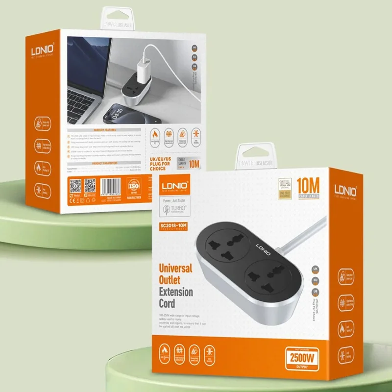 Barre d'alimentation LDNIO SC2018 avec rallonge de 5 m 2 prises CA universelles 2500 W Station de charge rapide Douille d'alimentation pour maison et bureau - Noir / Prise UE