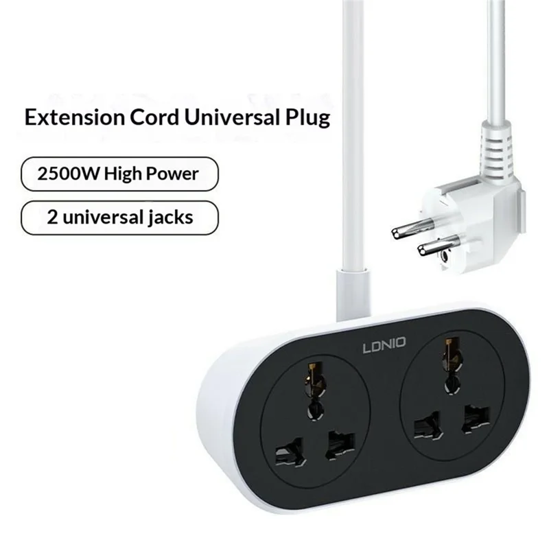 Barre d'alimentation LDNIO SC2018 avec rallonge de 5 m 2 prises CA universelles 2500 W Station de charge rapide Douille d'alimentation pour maison et bureau - Noir / Prise UE