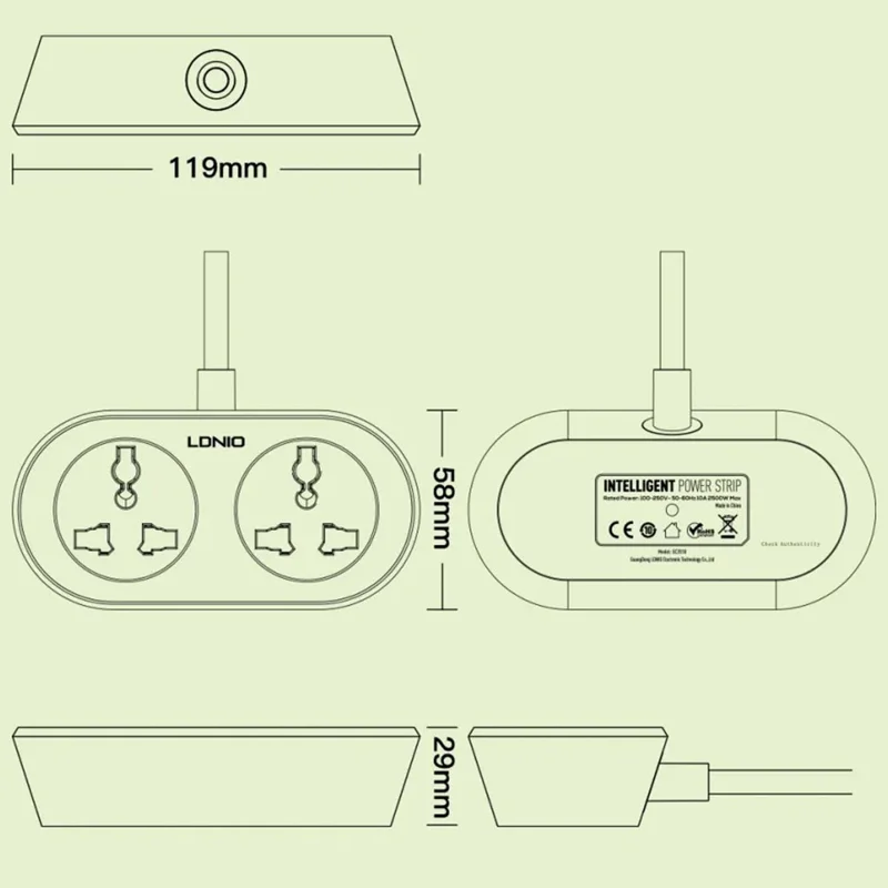 Barre d'alimentation LDNIO SC2018 avec rallonge de 5 m 2 prises CA universelles 2500 W Station de charge rapide Douille d'alimentation pour maison et bureau - Noir / Prise UE