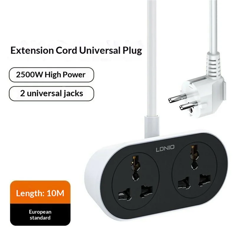 LDNIO SC2018 Ciabatta Multipresa con Cavo di Prolunga da 10 m 2 Prese Universali AC 2500W Stazione di Ricarica Rapida Presa di Corrente per Casa Ufficio - Nero / Spina EU