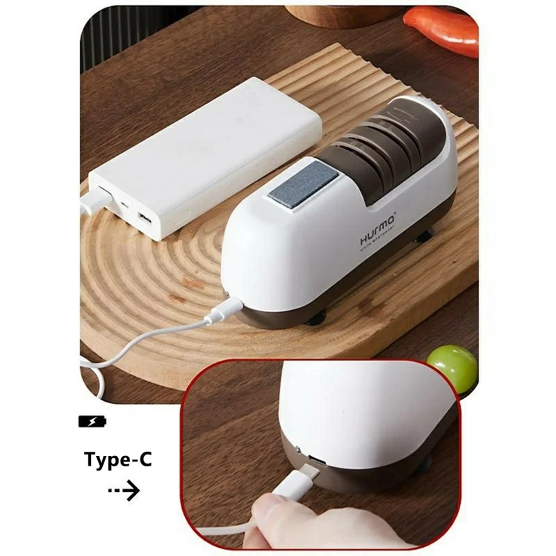 HURMA HM-802 Electric Knife Sharpener 20W USB Rechargeable Diamond Grinding Wheel Kitchen Sharpening Tool - White