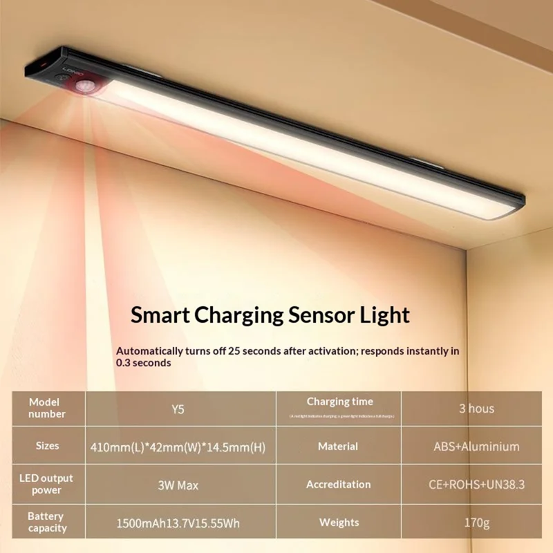 LDNIO Y5 410mm 3W Luz LED Inteligente con Sensor de Movimiento PIR, Luz Nocturna Recargable con Imán para Debajo de Armarios de Cocina - Negro