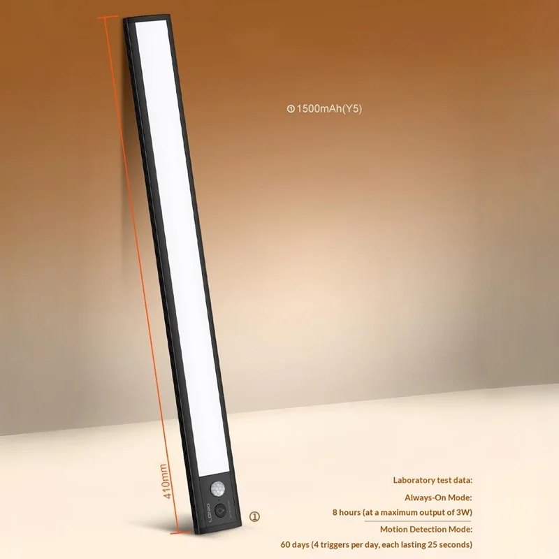 LDNIO Y5 410mm 3W Luz LED Inteligente con Sensor de Movimiento PIR, Luz Nocturna Recargable con Imán para Debajo de Armarios de Cocina - Negro