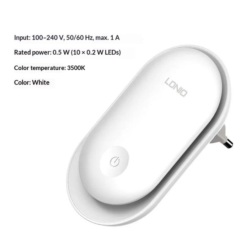 LDNIO Y1 0.5W Luz Nocturna LED Enchufable, Interruptor Automático, Luz Cálida 3500K para Dormitorio y Pasillo - Blanco / Enchufe EU