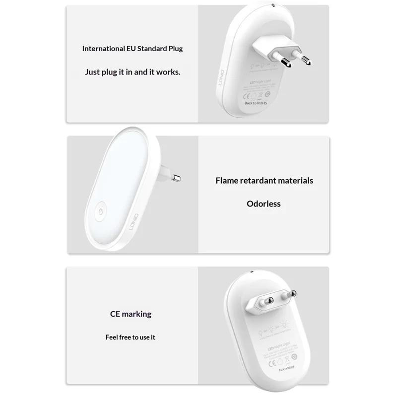 LDNIO Y1-1 0,5 W Luz Nocturna LED de Enchufe con Encendido Automático, Luz Blanca Cálida 3500K para Dormitorio y Pasillo - Blanco / Enchufe UE
