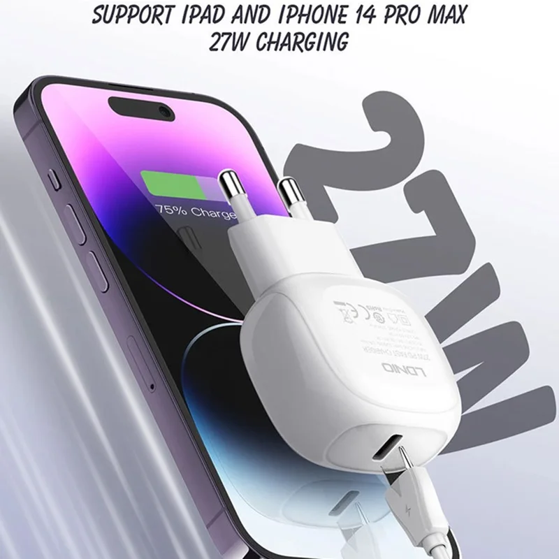 LDNIO A1206C 27W USB-C PD Charger EU Plug 100-240V Travel Adapter with USB-C Cable - White