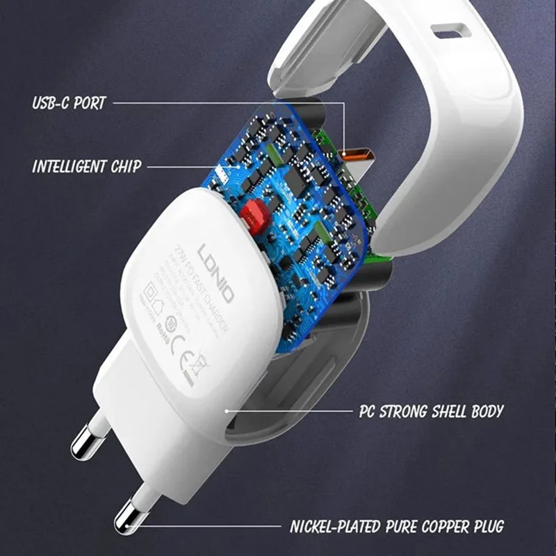 LDNIO A1206C 27W USB-C PD Charger EU Plug 100-240V Travel Adapter with USB-C Cable - White