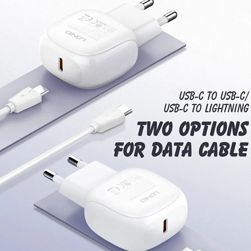 LDNIO A1206C 27W USB-C PD Charger EU Plug 100-240V Travel Adapter with USB-C Cable - White