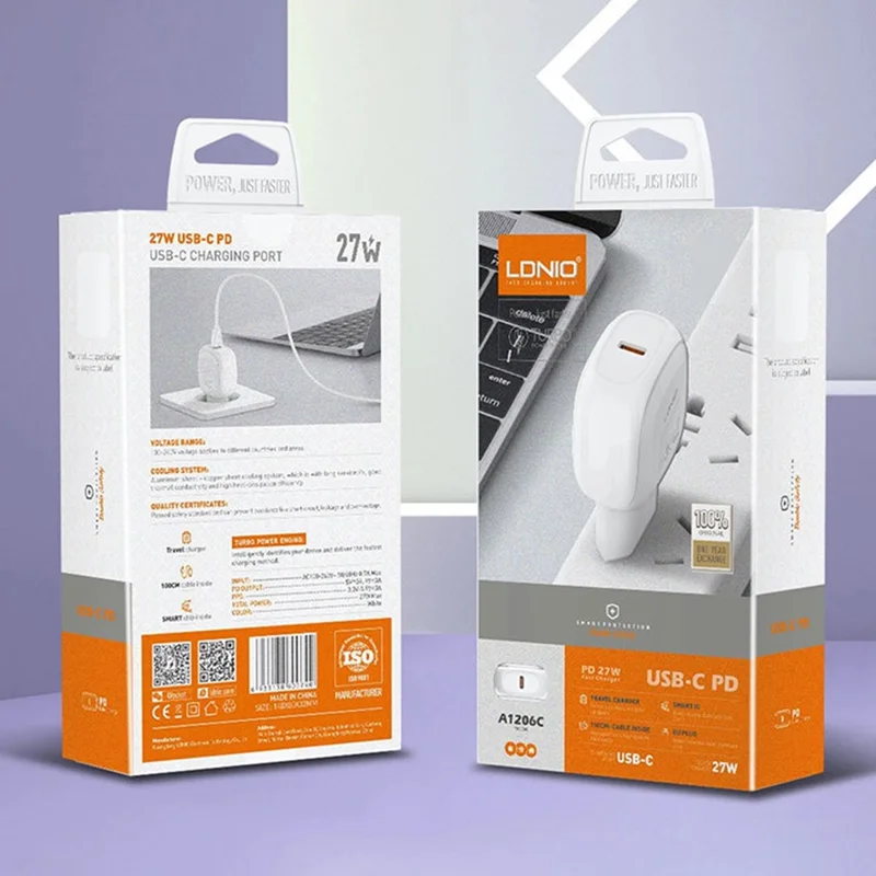 LDNIO A1206C 27W USB-C PD Charger EU Plug 100-240V Travel Adapter with USB-C Cable - White