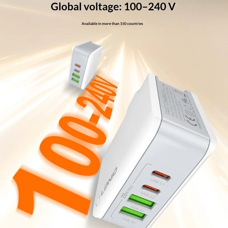 LDNIO A4403C-1 4-Port Fast Charger 2 USB-C + 2 USB-A Travel Power Adapter - White
