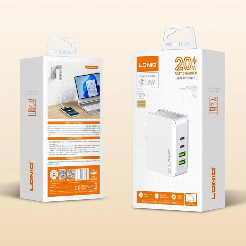 LDNIO A4403C-1 4-Port Fast Charger 2 USB-C + 2 USB-A Travel Power Adapter - White