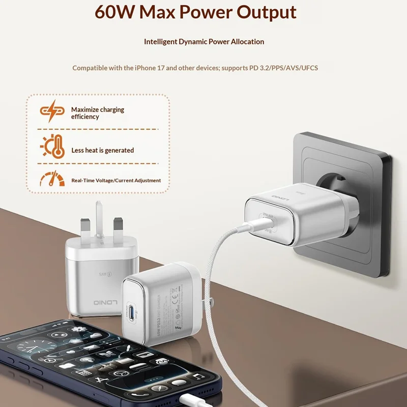 LDNIO Q20 60W USB-C Wall Charger Portable Fast Charging Adapter for Office Travel - EU Plug
