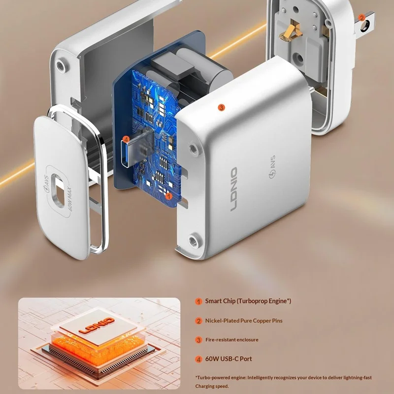 LDNIO Q20 60W USB-C Wall Charger Portable Fast Charging Adapter for Office Travel - EU Plug