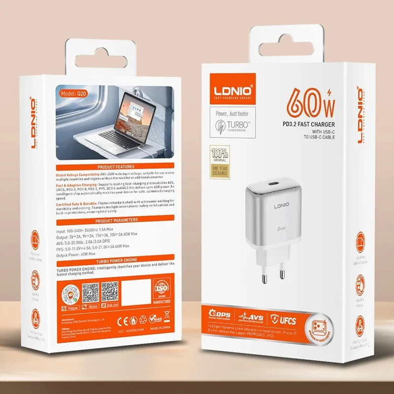 LDNIO Q20 60W USB-C Wall Charger Portable Fast Charging Adapter for Office Travel - EU Plug
