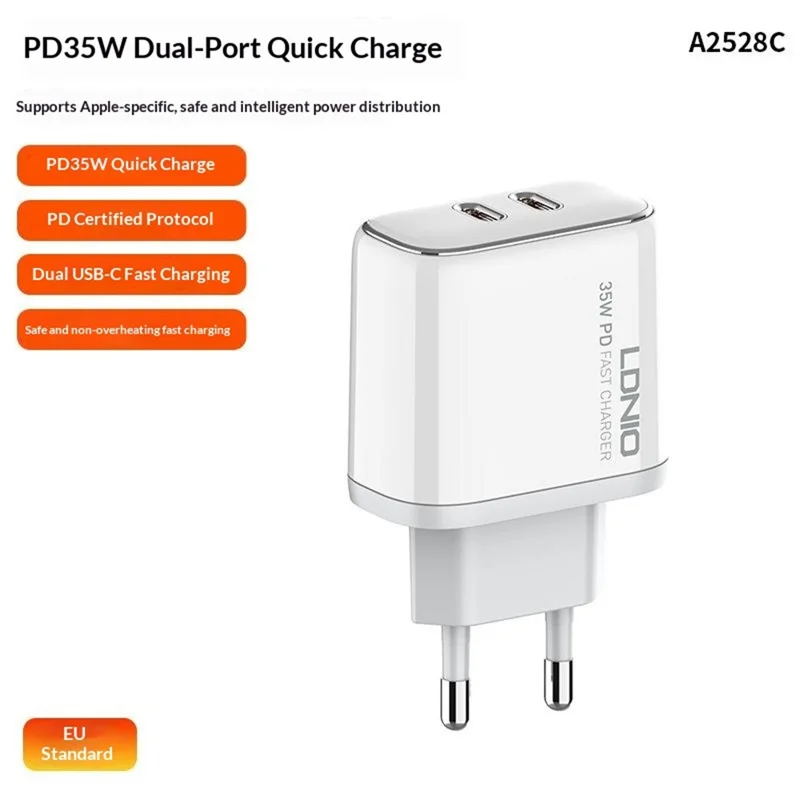 LDNIO A2528C 35W Dual USB-C PD Fast Charger with Safety Protection - EU Plug