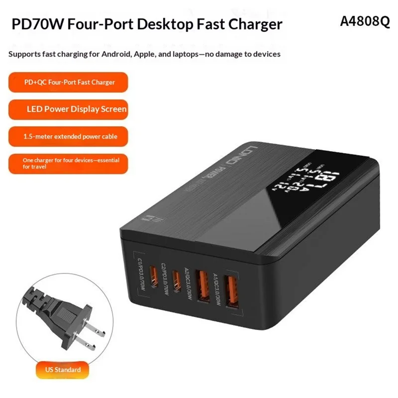LDNIO A4808Q 70W 4-Port Fast Charger 2 USB-C PD + 2 USB-A QC LED Display for Desktop - EU Plug