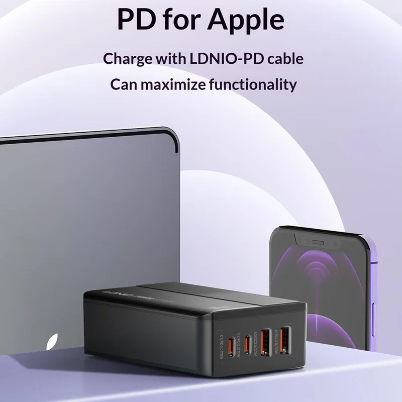 LDNIO A4808Q 70W 4-Port Fast Charger 2 USB-C PD + 2 USB-A QC LED Display for Desktop - EU Plug