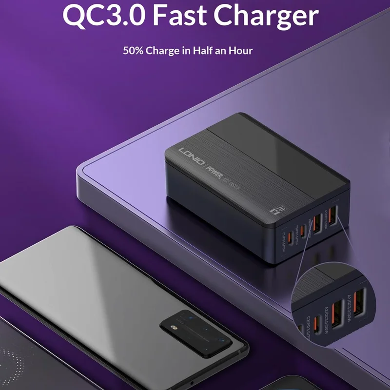 LDNIO A4808Q 70W 4-Port Fast Charger 2 USB-C PD + 2 USB-A QC LED Display for Desktop - EU Plug