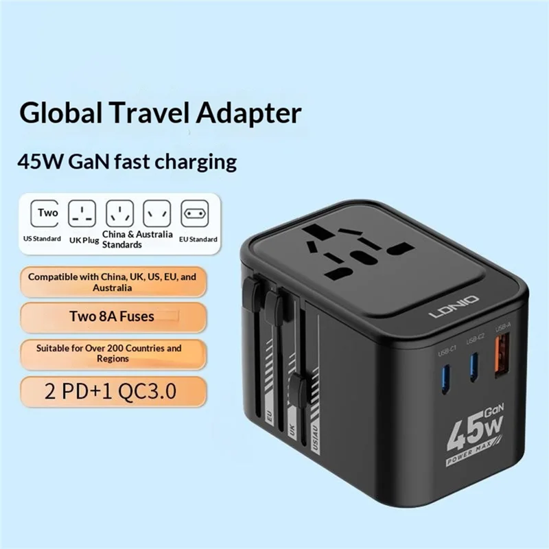 LDNIO Z8 45W GaN Global Travel Adapter 2 USB-C + USB-A 200+ Countries Support - Black
