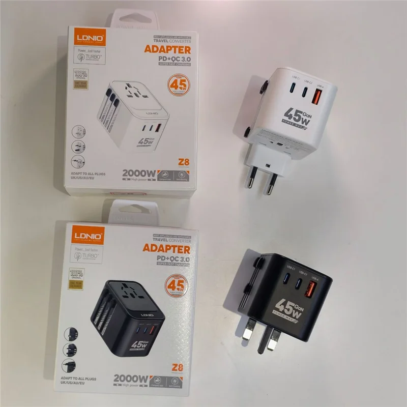 LDNIO Z8 45W GaN Global Travel Adapter 2 USB-C + USB-A 200+ Countries Support - Black