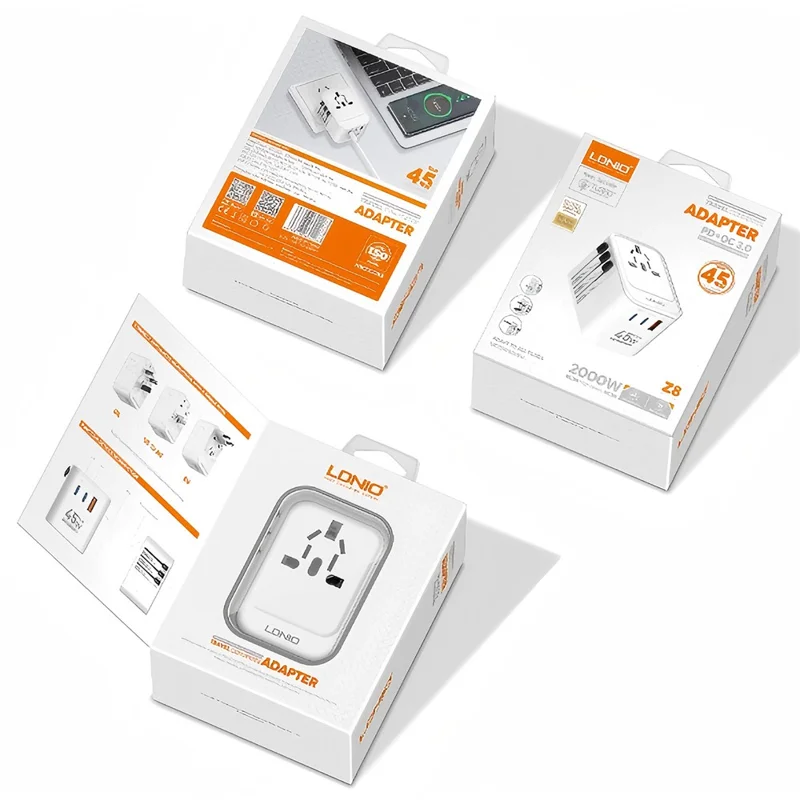 LDNIO Z8 45W GaN Global Travel Adapter 2 USB-C + USB-A 200+ Countries Support - Black