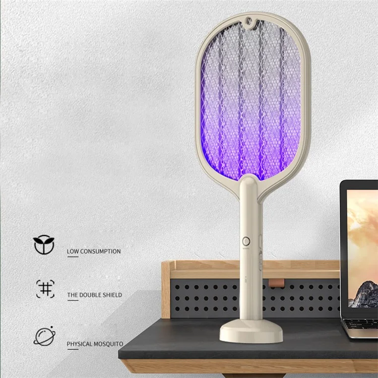 WP-07 2 em 1 Raquete Elétrica Mata Mosquitos Armadilha de Insetos USB Recarregável Lâmpada Mata Mosquitos - Bege